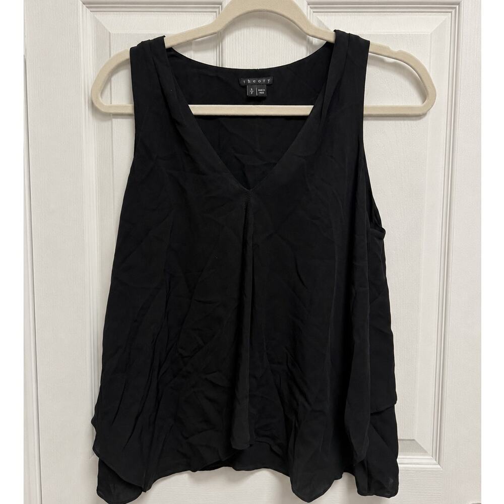 Theory Black 100% Silk Sleeveless Layered V-Neck Blouse Size S